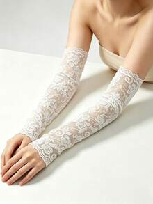 1 Pair Women's Lace Arm Sleeves, Elegant Breathable Solid Color Design, Summer Outing Cooling Arm Guards, Long Structured Random Style Suitable For Daily Commute And Party - A - View 1