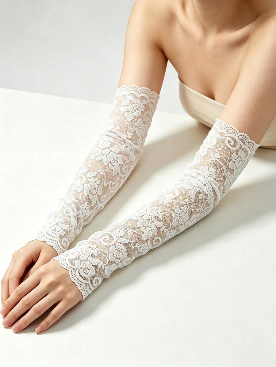 1 Pair Women's Lace Arm Sleeves, Elegant Breathable Solid Color Design, Summer Outing Cooling Arm Guards, Long Structured Random Style Suitable For Daily Commute And Party - A - View 1