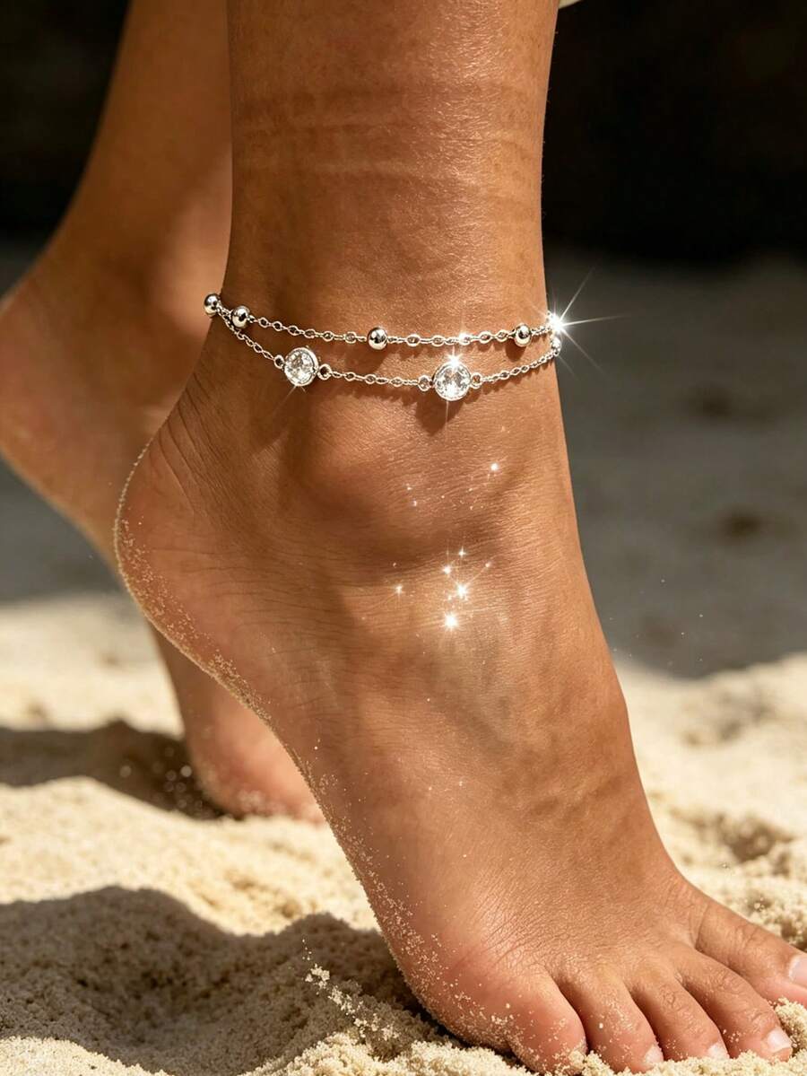 1pc Minimalist Double Layer Beaded Anklet, Multifunctional Sexy Suitable For Party, Beach, Daily Wear, Holiday Gift (Random Bead Quantity) - Silver - View 1