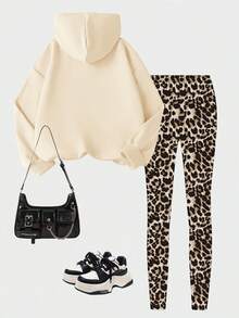 Girls Sweet Versatile Fashion Leopard Print Heart Print Hoodie Sweatshirt With Leopard Print Slim Fit Leggings, 2pcs Set For Autumn/Winter - Apricot - View 3