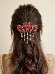 1pc Heavy-Duty Hollow Metal Double Butterfly Hair Clip, Glossy Oil-Drip Rhinestone Tassel Large Spring Clip, Banquet Wedding Women's Gift - Multicolor - View 1