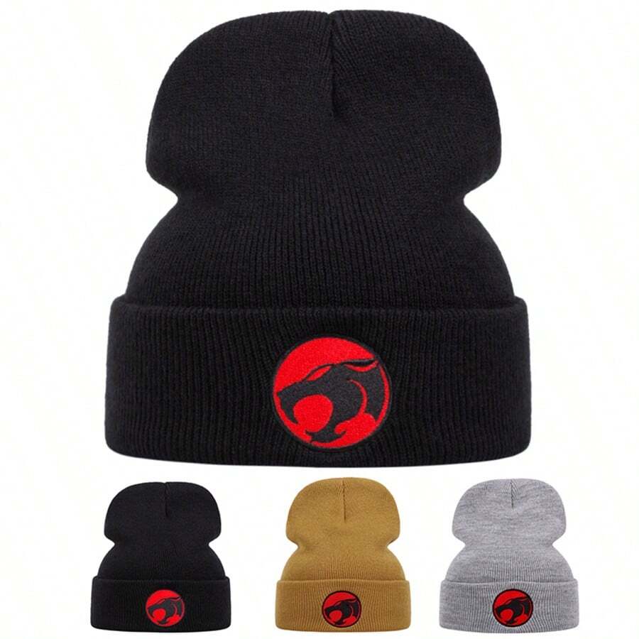 1pc Cartoon Patch Embroidery Knit Beanie Hat, Autumn/Winter Outdoor Sports Events Cold Weather Casual Versatile Brimless Cap - Multicolor - View 1
