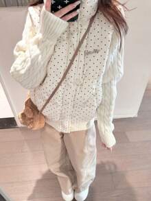Sweet Polka Dot Knit Patchwork Long Sleeve Padded Coat - White - View 2