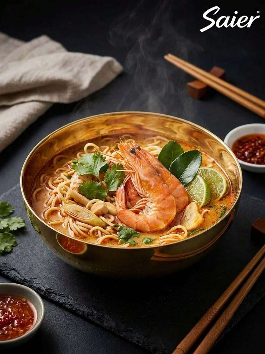 Korean Style Large Gold Stainless Steel Bowl, High Capacity Ramen Bowl, Soup Bowl, Instant Noodle Bowl, Stackable For Easy Storage, Durable And Anti-Drop, High Aesthetic Value, Modern Minimalist Kitchenware - Multicolor - View 1