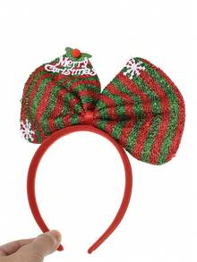 1pc Christmas Red & Green Striped Sequin Large Bow Headband MerryChristmas Snowflake Decor Bell Head Hoop Holiday Party Costume Hair Accessory - Red and Green - View 6