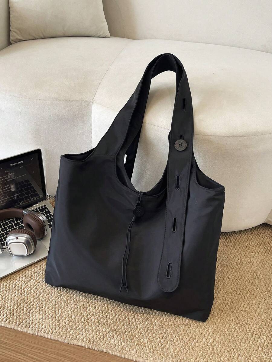 1pc Solid Color Button Decor Tote Bag Nylon Large Capacity Casual Versatile Shoulder Bag For Women Daily Commute - A - View 1