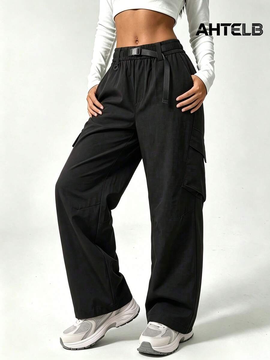 AHTELB Women's Solid Color Cargo Pocket Loose Outdoor Long Pants - Black - View 1