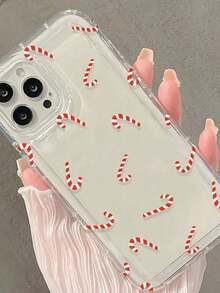 1pc Christmas Candy Cane Frosted Clear Print Phone Case,Compatible With IPhone 18 Pro Max 17 Pro Max 16 Pro Max 15 Pro Max 14 Pro Max & 11/12/13/14/15/16/17/18 Pro/Plus - Red - View 3