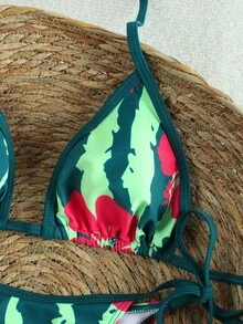 Ensemble bikini triangle à col ras-du-cou floral 2 pièces pour femmes, coupe haute, convient pour les vacances d'été à la plage et à la piscine - Multicolore - Voir 4