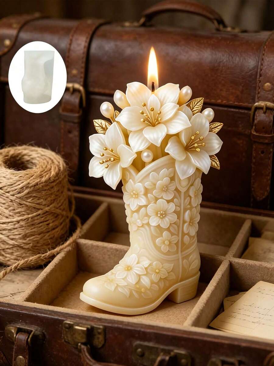 Resin Silicone Mold "Dreamy Floral Boot Mold, Featuring Exquisite Boot Shape And Floral Decoration - Easy To Demold And Clean, Reusable For Making Aromatherapy Candles/Resin Decor/Plaster Crafts - Flower Shoe Mold - View 1
