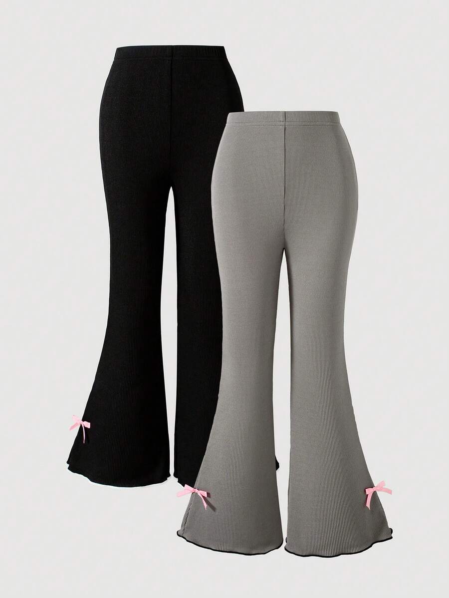 2pcs/Set Girls' Casual Everyday Outing Fashion Solid Color Bow Decor Ruffle Flare Long Pants, Spring/Autumn - Multicolor - View 1