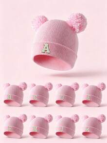 1PC Baby A-Z Letter Knitted Hat Matching Warm Autumn/Winter Cap, Suitable For Girls, Soft And Comfortable, Suitable For Christmas/Thanksgiving Gift - Pink - View 1