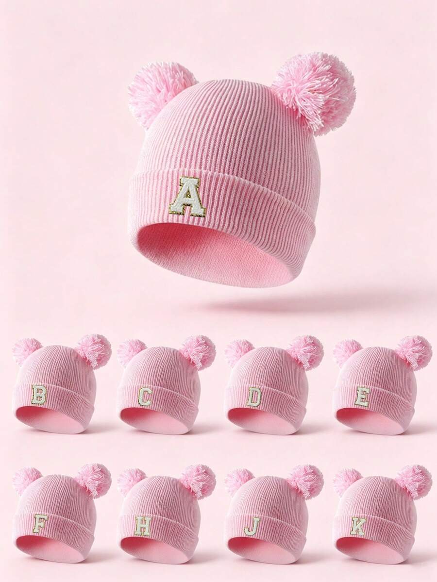 1PC Baby A-Z Letter Knitted Hat Matching Warm Autumn/Winter Cap, Suitable For Girls, Soft And Comfortable, Suitable For Christmas/Thanksgiving Gift - Pink - View 1