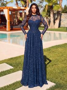 Romantic Women's Deep Blue Flare Lace Maxi Dress, Stand Collar Long Sleeve Design, Suitable For Elegant Evening Occasions - Royal Blue - View 3