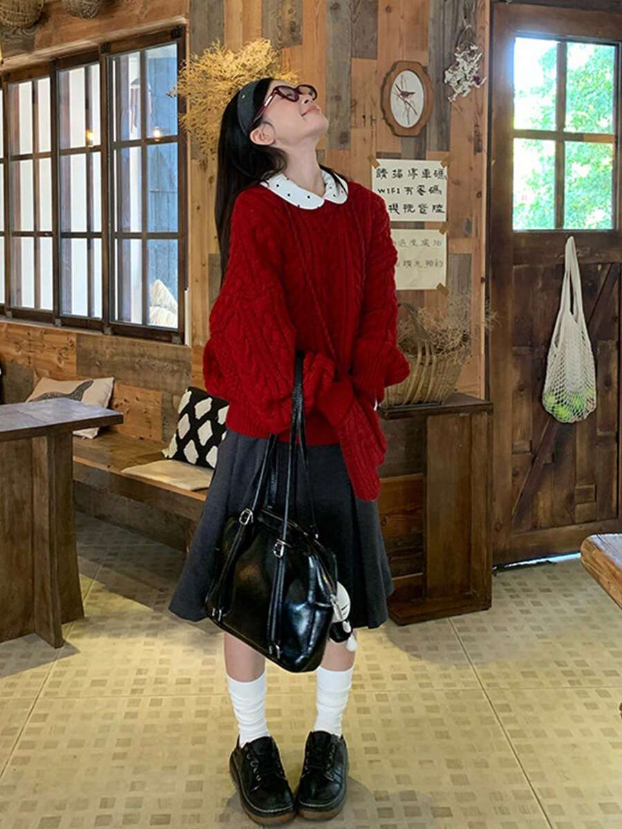 Women's Red Cable Knit Pullover Long Sleeve Sweater Top, Autumn/Winter - Red - View 1