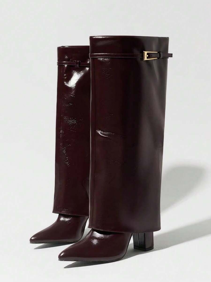 Spring/Summer New European And American Pointed Toe Long Boots Women's Slim Straight Leg Boots Chunky Heel Riding Boots Women's Loose, Burgundy