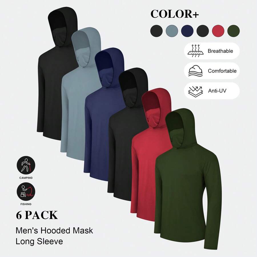 6 Packs Men's Casual Hoodies Quick Drying Athletic Hoodies With Mask Solid Color Sun Protection Fishing Shirts Hoodie Workwear For Outdoor Activities - Multicolor - View 1