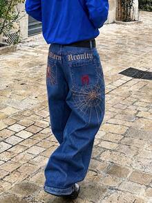 Blue Loose Wide Leg Embroidered Denim Jeans, Street Style Spider Web Embroidered Straight Wide Leg Denim Jeans, Retro Daily Commute Wide Leg Jeans - Blue - View 2