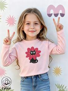 Kids Long Sleeve T-Shirt Round Neck Cartoon Cat Print Pink - Baby Pink - View 9