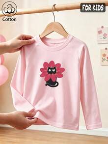 Kids Long Sleeve T-Shirt Round Neck Cartoon Cat Print Pink - Baby Pink - View 3