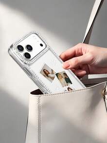 CICIBER 1pc Customized Electroplated Rhinestone Romantic Couple Photo, Love Phrase Text Personalized Phone Case, Suitable For Daily, Wedding, Anniversary, Pet, Family Photos, Printed On 2-In-1 Glossy Protective Hard Shell Phone Case, Compatible With IPhone 11/12/13/14/15/16/17/18 Pro Max, International Version, Not Domestic Version, Couple Phone Case - Silver - View 5