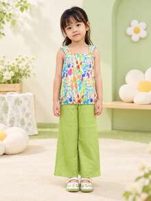 2pcs Girls Colorful Floral Print Vest & Ruffle Shorts Set, Casual Outfit Suitable For Outdoor Play, Machine Washable, Great Gift For Granddaughter - Multicolor - View 1