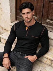 Men's Spring/Autumn New Casual Minimalist Henley Collar Long Sleeve Top, Suitable For Daily Commute And Vacation Wear - Black - View 3