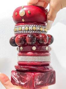 Vintage Luxury Burgundy Swirl Resin Bracelet, Colorful Crystal Decorated Glossy Resin Wide Bangle, Inlaid With Multicolored Round Rhinestones, Elegant Handmade Jewelry, Suitable For Daily Wear, Dates, Weddings And Formal Parties - Multicolor B - View 3