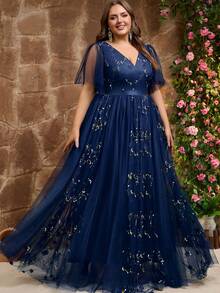Plus Size Mother Of The Bride V-Neck Applique Pleated Elegant Glamorous Evening Gown Dress - Navy Blue - View 9