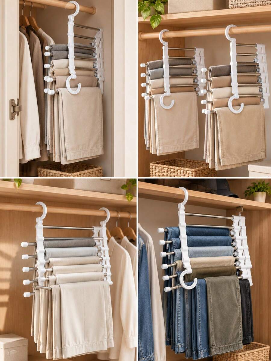 Multi-Layer Pants Rack - Space-Saving Foldable Design, Helps Efficiently Organize Your Wardrobe; Suitable For Jeans, Leggings And Casual Pants Plastic Multi-Layer Pants Rack; Features Non-Slip Storage Function, Easy To Assemble; Ideal Choice For Holiday Preparation And Seasonal Wardrobe Organization; - Multicolor - View 1