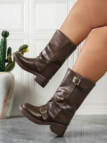 Women's Black Fashion Ankle Boots, New Buckle Design, European And American Niche Style, Chunky Heel Thick Sole, Lightweight - Brown - View 2