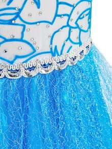 3pcs Girls Blue Mesh Floral Long Sleeve Dress Crown Magic Wand Set Children Role Play Dress Outfit Christmas Halloween Stage Performance Party Costume Set - Blue - View 6