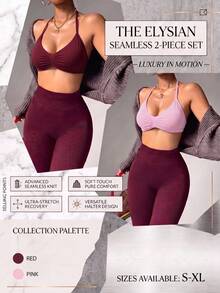 2pcs Halter V-Neck Ruched Sports Bra, Adjustable Back Buckle, High Elastic Seamless Fabric, Wire-Free Sports Support All-Match Versatile Multi-Scenario Suitable Style, Multiple Colors Available, High-Intensity Fitness Underwear - Multicolor - View 5
