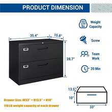 Archivador Lateral de Metal Negro 40.1x89.9x72.9 cm |   Gabinete de 2 Cajones Grandes con Cerradura para Colgar Archivos |   Compatible con Carta Legal F4 y A4 para Oficina |   Fácil de Armar - Negro - Ver 7