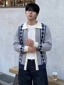 Men's Cardigan Sweater Jacket, Korean-Japanese Vintage Casual Style, Wide Diamond Argyle Pattern, Contrast Color, Turn-Down Collar, Button Front, Autumn/Winter - Royal Blue - View 2