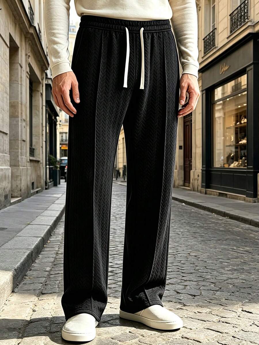 男士抽繩腰紋理休閒長褲居家服 - 黑色 - 查看 1