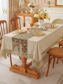 HXARTMIS 1pc Vintage Floral Embroidered Lace Tablecloth, Elegant Lace Trimmed Rectangular Table Cover, Pastoral Style Dining Tablecloth, Suitable For Restaurant, Wedding And Home Decor - Gray Hemp - View 1