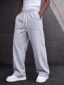 MAISONFOX Men's Light Gray Loose Drawstring Patchwork Pocket Sweatpants, Casual Street Style Joggers, Comfortable Daily Wear Bottoms - Light Grey - View 4
