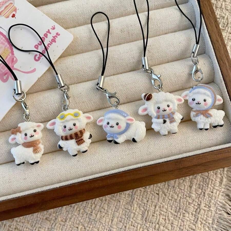 5件組秋冬穿搭羊咪手機掛繩，滑雪護目鏡圍巾羊咪吊飾，黑色繩防丟手機飾品，療癒可愛風日常百搭配件