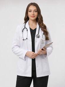 Plus Size Women's Long Sleeve Open Front Lapel 3 Pockets White Coat Regular Fit - White - View 5