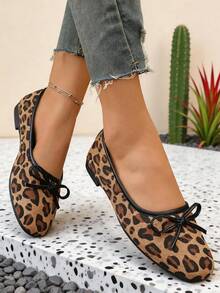Leopard Print Square Toe Ballet Flats, Black Trim Bow Slip-On Shoes, Vintage Soft Sole Women's Daily Commute Shoes - Brown - View 1