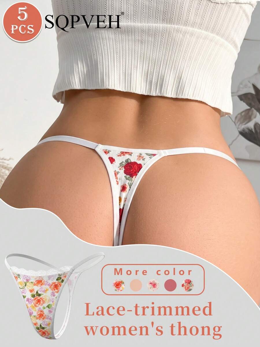 SQPVEH 5pcs/Pack Multi-Color Floral Print & Solid Color Lace Patchwork Sexy Seamless Women's Thongs