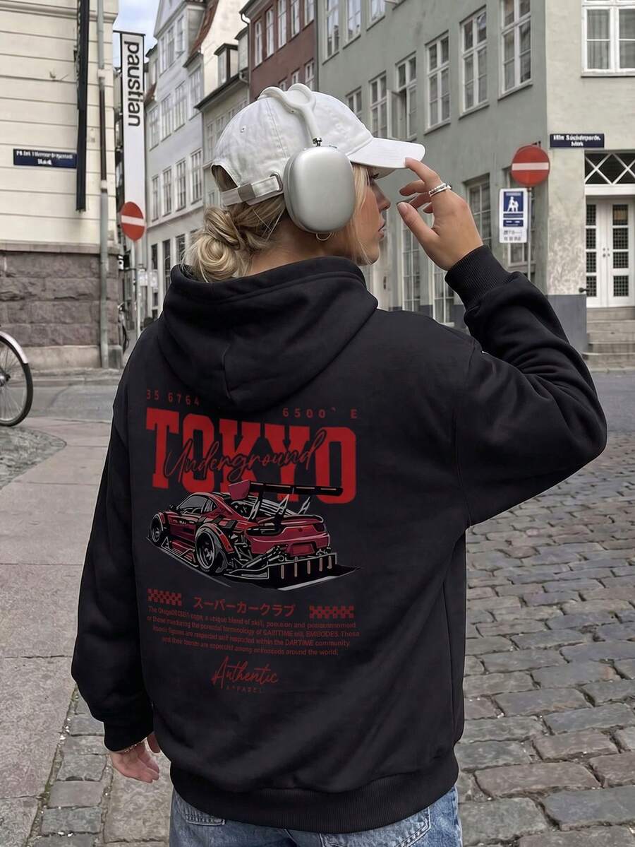 Women's Black TOKYO JDM Racing Print Sweatshirt, Autumn Streetwear Long Sleeve Pullover - Black - View 1