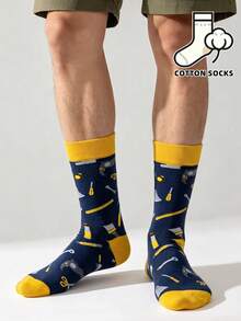 1 Pair Novelty Mechanical Tool Pattern Crew Socks, Navy Blue And Yellow Fashion Socks, Quirky Workwear Aesthetic Socks, All-Over Print Hardware Tool Street Style Mid-Calf Socks - Multicolor - View 7