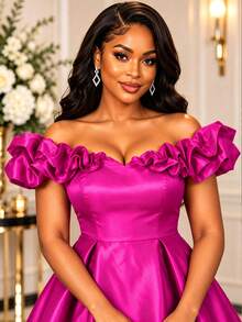 AOMEI Women's Princess Style Creamy Magenta Pleated Cold Shoulder 3D Ruffle A-Line Dress, Suitable For Birthday Parties And Proms - Hot Pink - View 3