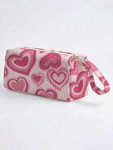 1pc Pink Love Print Corduroy Foldable Pencil Case With Side Pocket & Handle, Multi-Use Bag For School & Travel Essentials - Rose Red - View 5