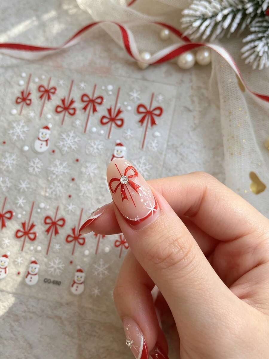 1 Sheet Christmas 3D Embossed Nail Stickers, Snowman Red Bow White Snowflake Self-Adhesive Nail Decals, Xmas DIY Manicure Decor - Multicolor - View 1