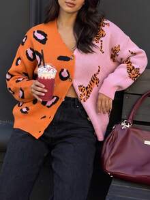 Cardigan Rajut Lengan Panjang Leher V Wanita dengan Motif Hewan Campuran, Sweater Kancing Depan Poliester untuk Pakaian Musim Gugur yang Bergaya - Berwarna merah muda - View 4