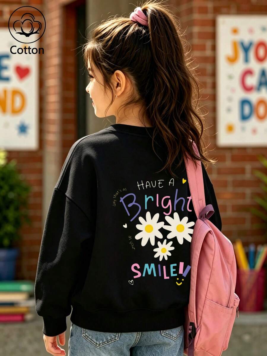 Girls' Cute Printed Drop-Shoulder Round-Neck Long-Sleeve Casual Sports Sweatshirt - Black - View 1