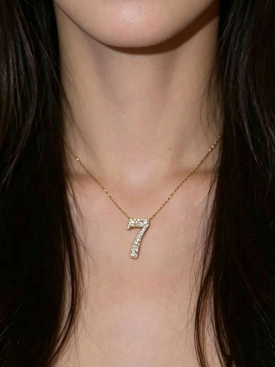 1pc Sparkling Rhinestone Number 7 Necklace, Lightweight Niche Fashion High-End Versatile Daily Neck Chain - Gold - View 1